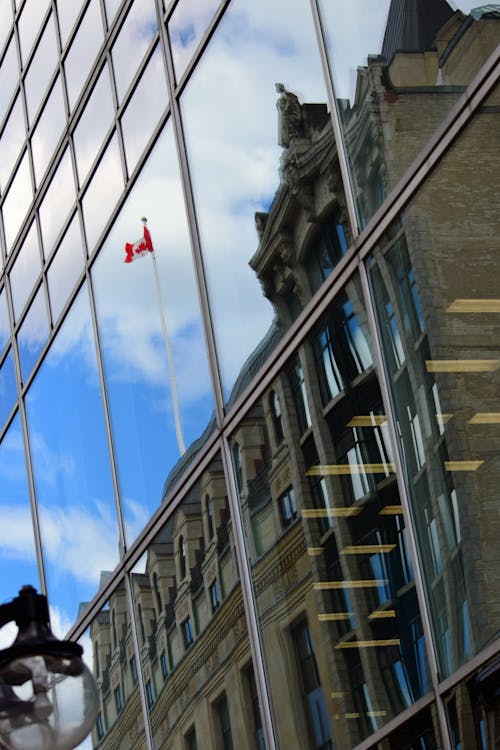 Free stock photo of building reflection, canada flag, reflection