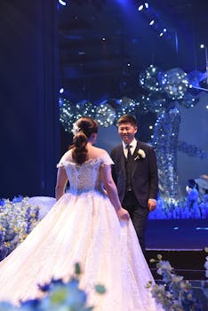 A beautifully captured moment of a bride and groom at their wedding reception.