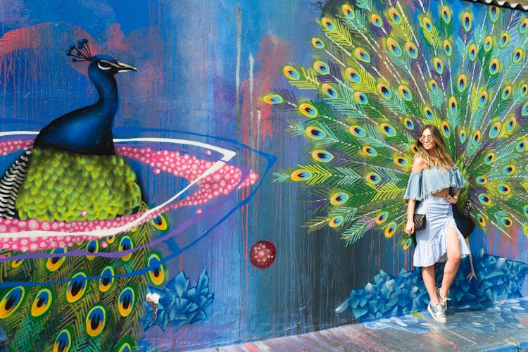 Woman In Standing Beside Peacock Art