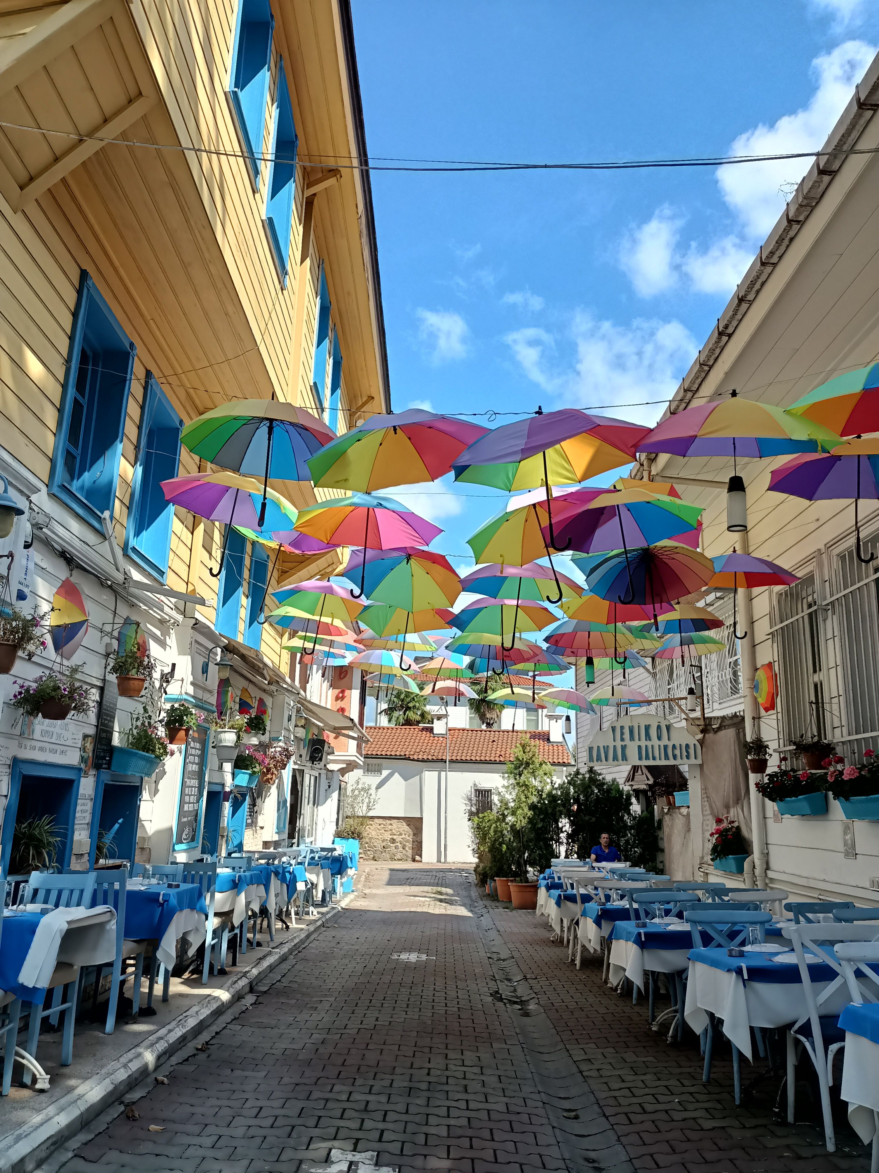 Charming outdoor cafe with colorful umbrellas overhead, creating a vibrant dining atmosphere.