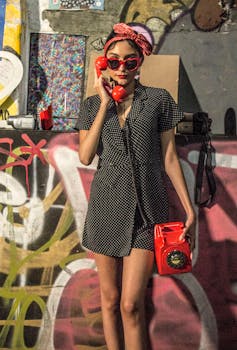 Stylish woman in polka dot dress holding a retro red telephone in an urban art setting.