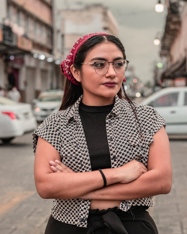 Woman With Head Scarf Wearing Eyeglasses Looking Sideways 