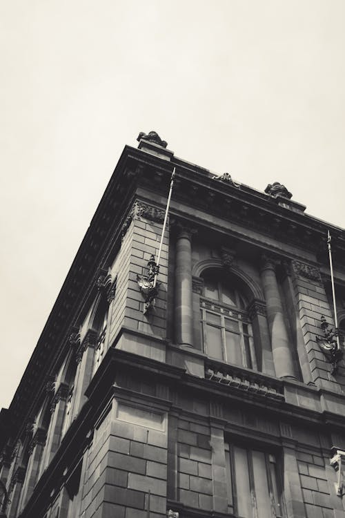 A Grayscale of a Brick Building