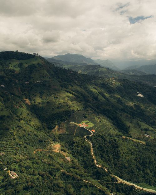 Free Breathtaking aerial view of lush green mountains and valleys under a cloudy sky. Stock Photo
