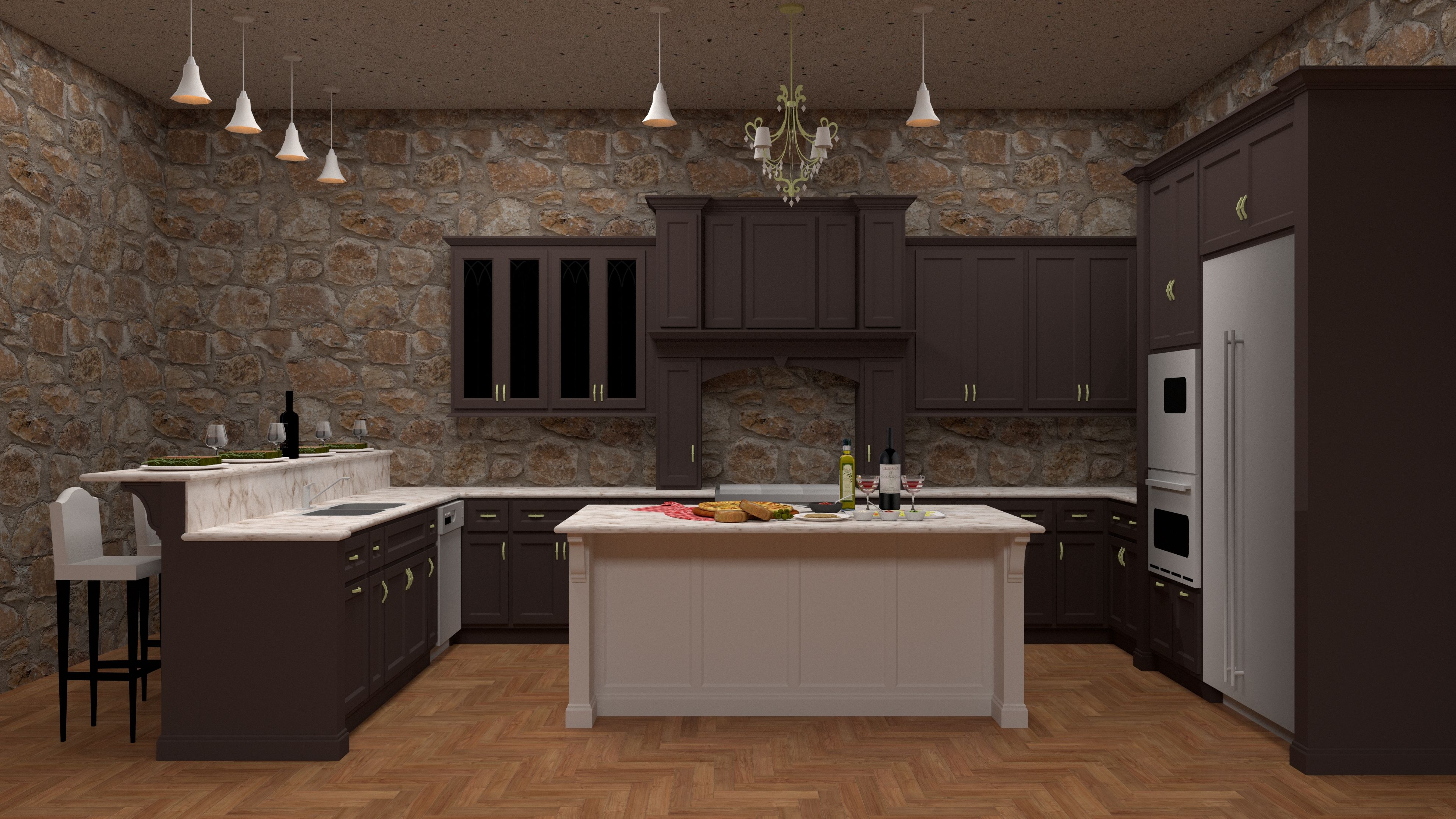 Rustic kitchen with stone walls, marble countertops, and elegant lighting, perfect for modern homes.
