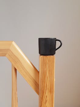 Black ceramic mug on wooden railing, minimalist design and earthy tones.