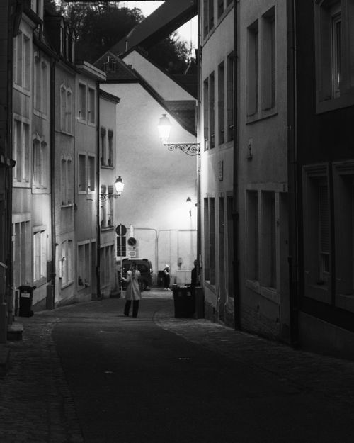 Free Black and white photo of a quiet alley at night in Luxembourg City, featuring vintage streetlights and historic buildings. Stock Photo