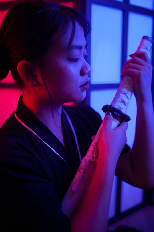 Free Artistic portrait of a woman with a katana, in dramatic lighting. Stock Photo