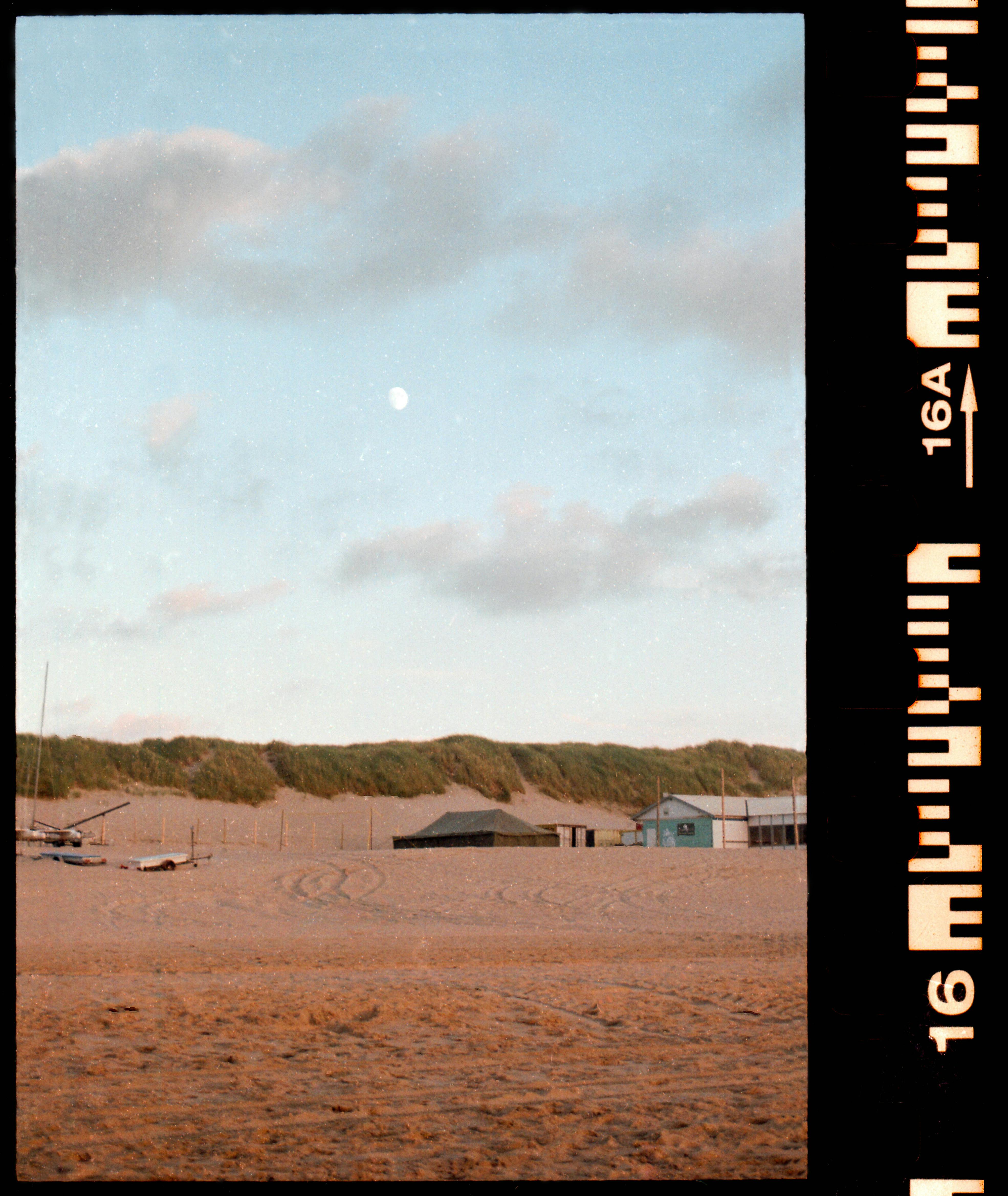 Tranquil beach scene at twilight with sandy shores, distant buildings, and a visible moon.