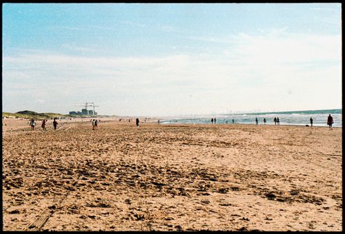 Free A sunny beach landscape with people enjoying the shore and distant buildings. Stock Photo