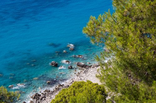 Free High-angle view of a rocky shore with clear turquoise waters and lush green foliage. Stock Photo