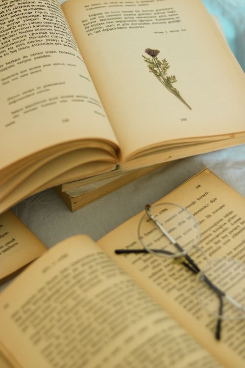 Free Close-up of open vintage books with eyeglasses and a floral illustration, evoking a sense of nostalgia. Stock Photo
