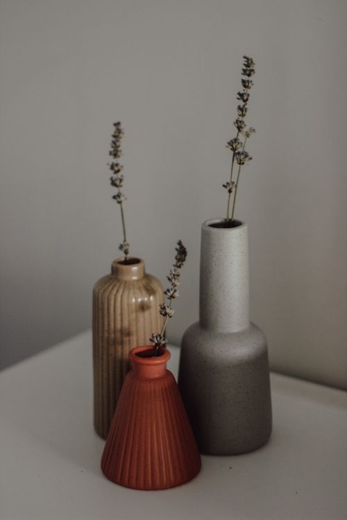 Trio of stoneware vases with dried stems, photo by Sena Aykut on Pexels