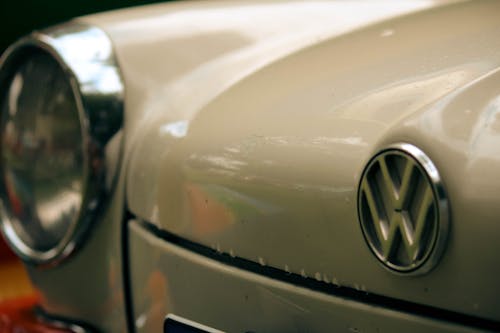 Close-up of a Vintage White Volkswagen Car