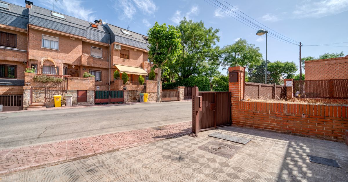 Picturesque suburban brick homes with sunny street view, showcasing serene urban lifestyle.