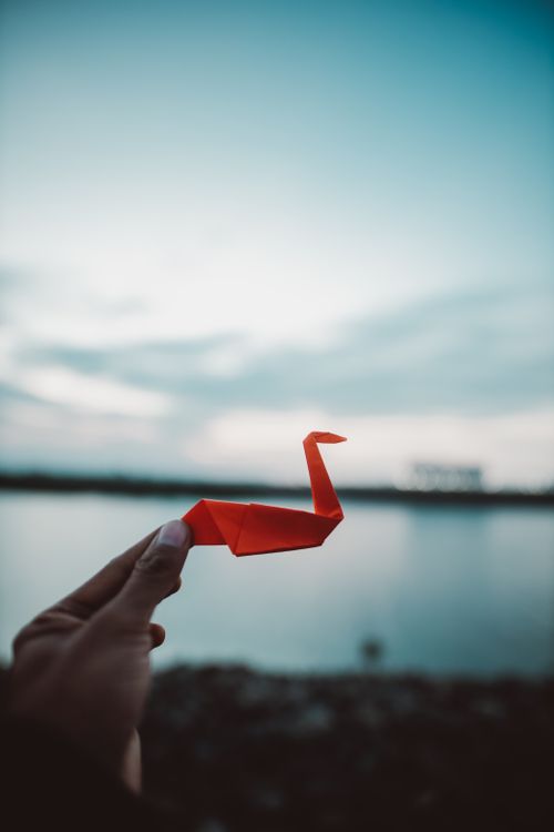 Free A person holds a red origami crane with a lake and a serene sky in the background. Stock Photo