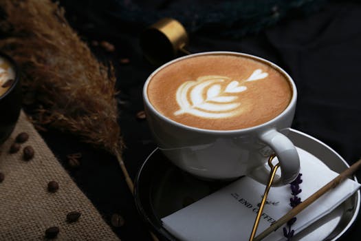 A beautifully crafted latte with intricate art served in a cozy setting, perfect for coffee enthusiasts.