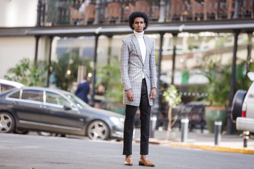 Curly Haired Man in White Turtleneck and Gray Coat 