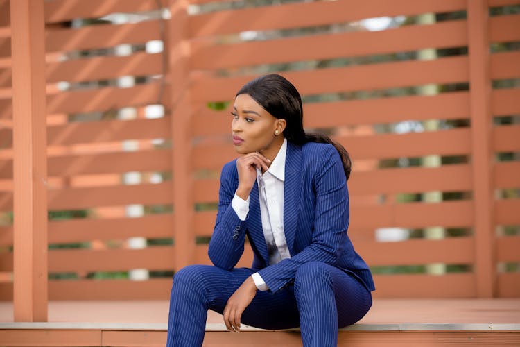 Beautiful Woman In Blue Pinstripe Suit