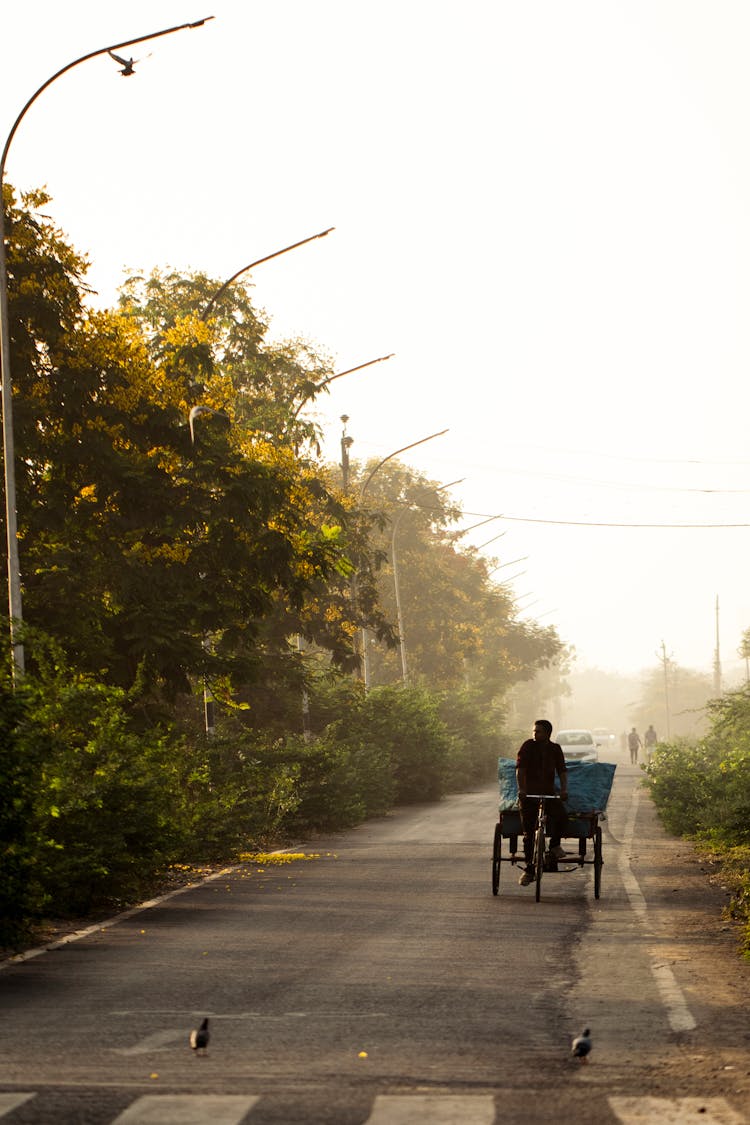 A Man Riding A Bicycle With Carriage