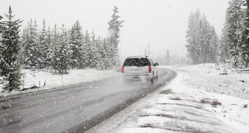 Free White Suv on Road Near Snow Covered Trees Stock Photo