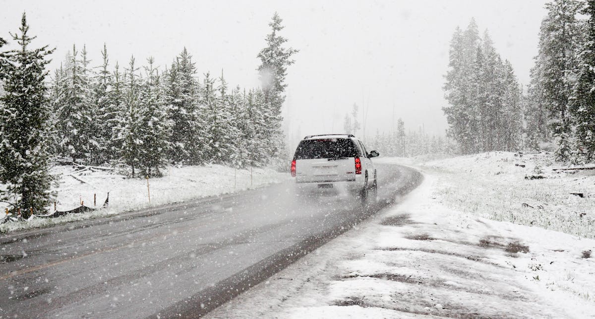 White SUV in snow among trees in winter