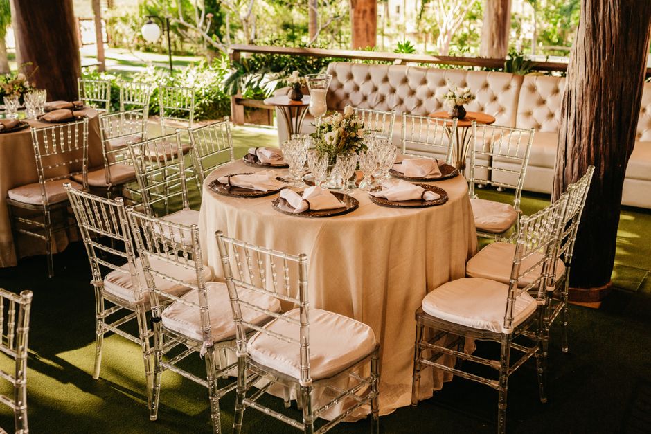 Outdoor wedding reception table setup with linens and chair rentals in Hamilton-Trenton, NJ