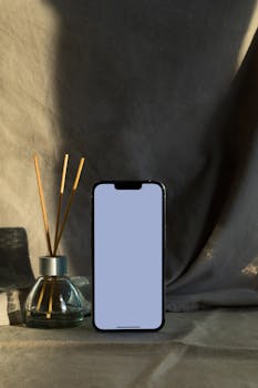 Contemporary still life with a smartphone and reed diffuser against neutral background.