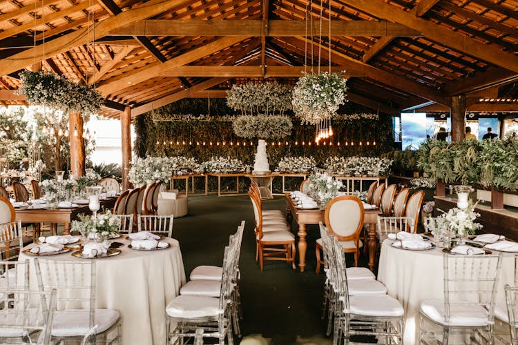 Elegant Interior Of A Restaurant Decorated With Blooming Flowers