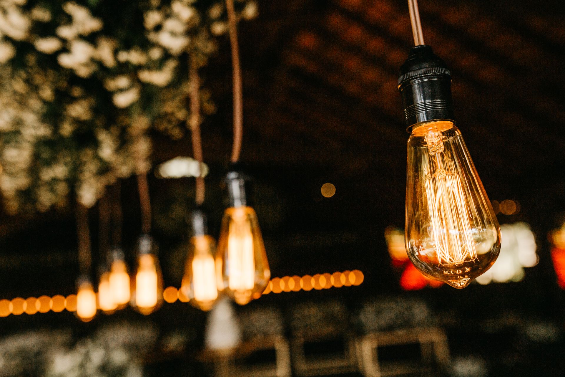 Close-up of vintage Edison bulbs hanging indoors with a warm glow, creating a cozy atmosphere.
