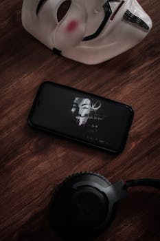 Symbolic arrangement of anonymous mask, smartphone, and headphones on a wooden table, emphasizing digital anonymity.