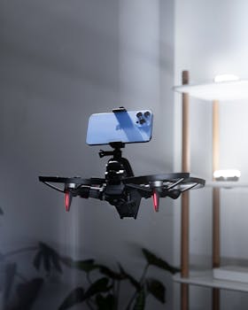 A smartphone attached to a drone, captured indoors. Technology and innovation in flight.