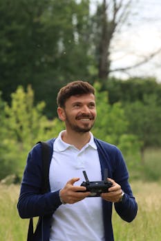A bearded man in a blue cardigan smiling while holding a drone controller outdoors.