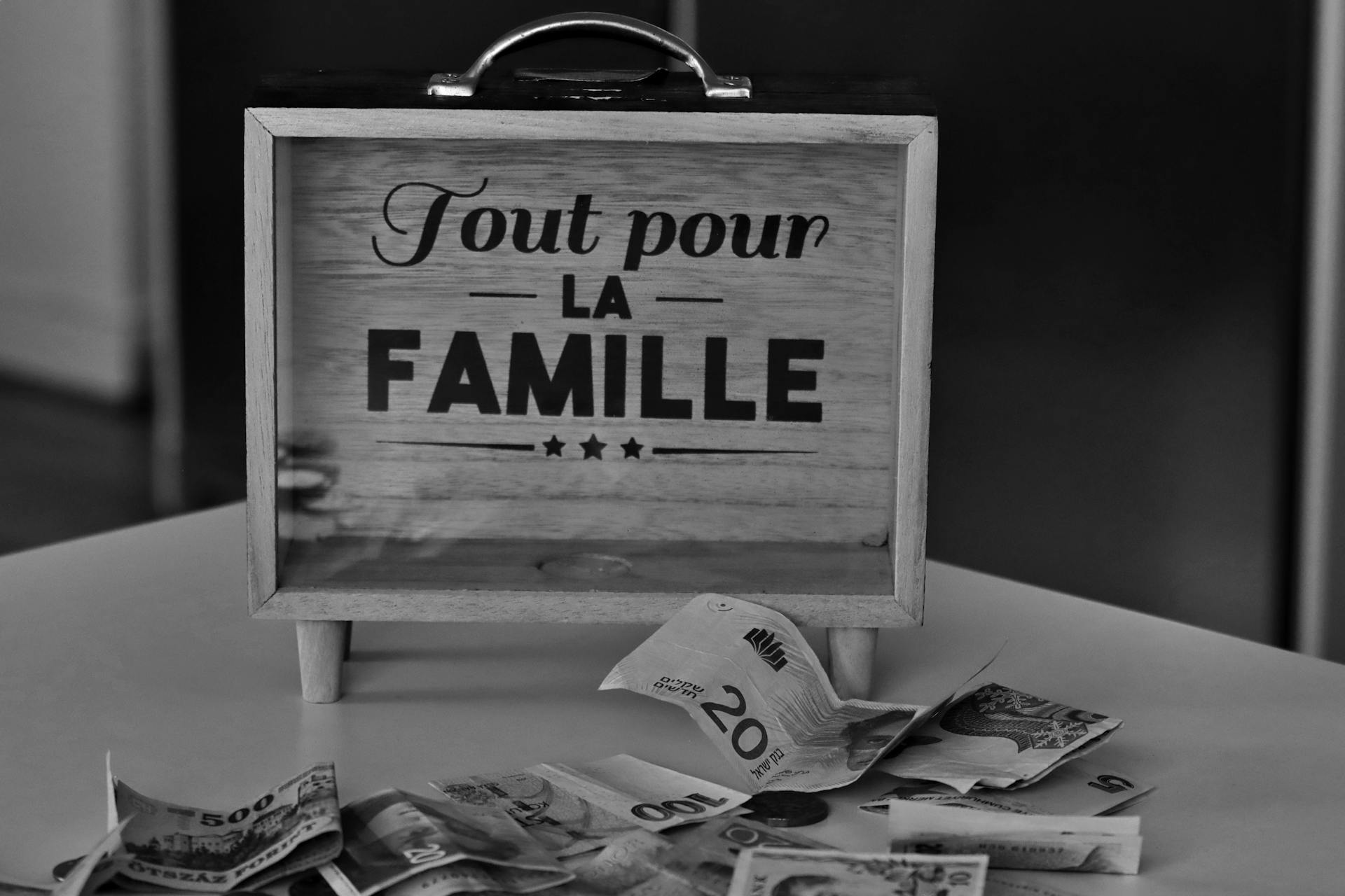 Black and white photo of a money box and various currencies on a table, symbolizing savings for family.