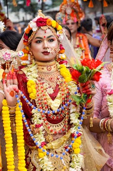 A vibrant depiction of a traditional Hindu festival with participants in elaborate costumes and decorations.