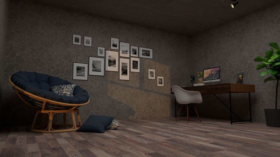 A stylish home office setup featuring modern furniture and elegant decor elements in a cozy room.