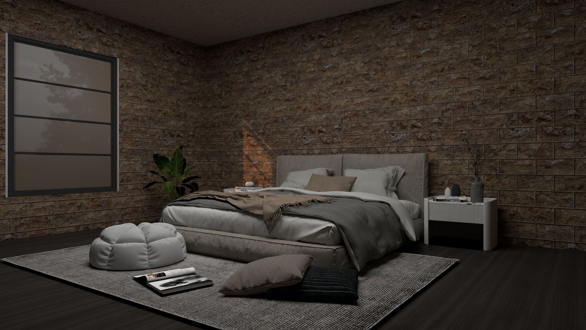 Stylish bedroom with gray bedding, exposed brick walls, and soft lighting for a calm ambiance.