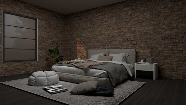 Stylish bedroom with gray bedding, exposed brick walls, and soft lighting for a calm ambiance.