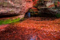 在威斯康星州巴拉布一条风景优美的小溪上，色彩缤纷的秋叶漂浮着，周围环绕着岩石悬崖