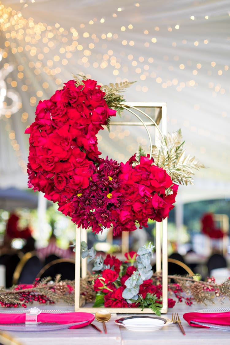 Red Flowers On Gold Frame Centerpiece