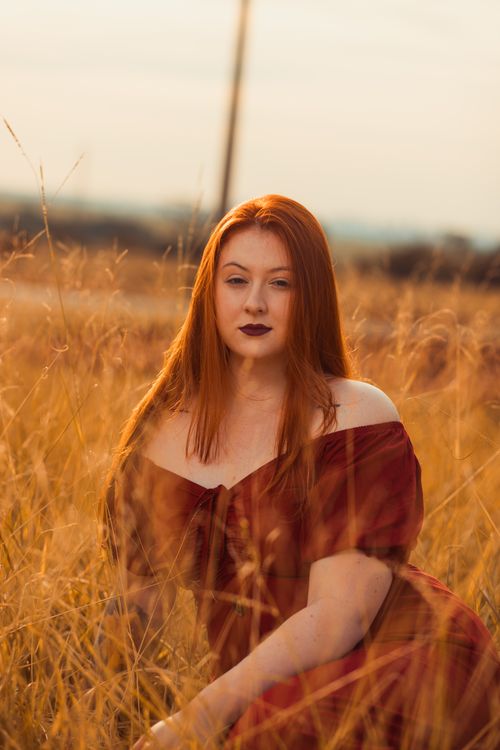 Free Elegant redhead woman posing in dry grass field at sunset, wearing off-shoulder brown dress. Stock Photo