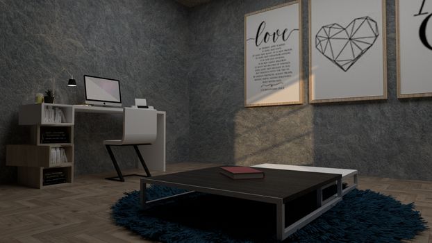 Stylish home office featuring minimalist furniture, art decor, and contemporary design.