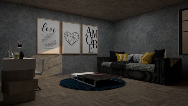 Modern living room with stylish decor, including framed art and a cozy sofa for relaxation.