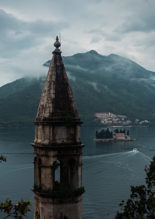 Drone Shot of a Tower in Kotor Bay