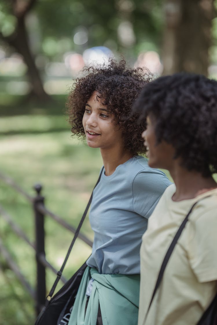 Women Talking In A Park Leaning On A Fence