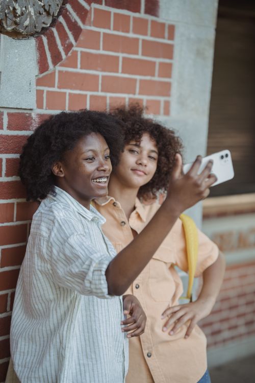 Free Two young women smiling and taking a selfie against a brick wall. Stock Photo