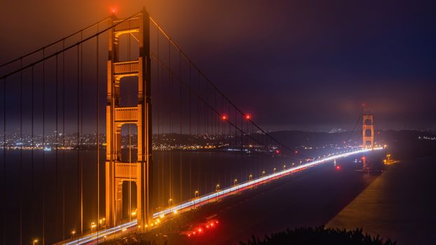 Stunning night view of Golden Gate Bridge in San Francisco, California.