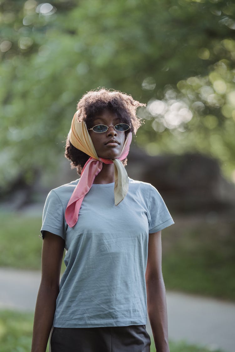 Girl In Handkerchief And Sunglasses Outdoors