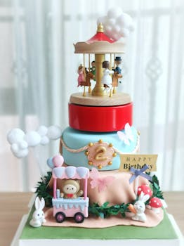 Vibrant birthday cake featuring carousel topper, toy decorations, and happy birthday sign.