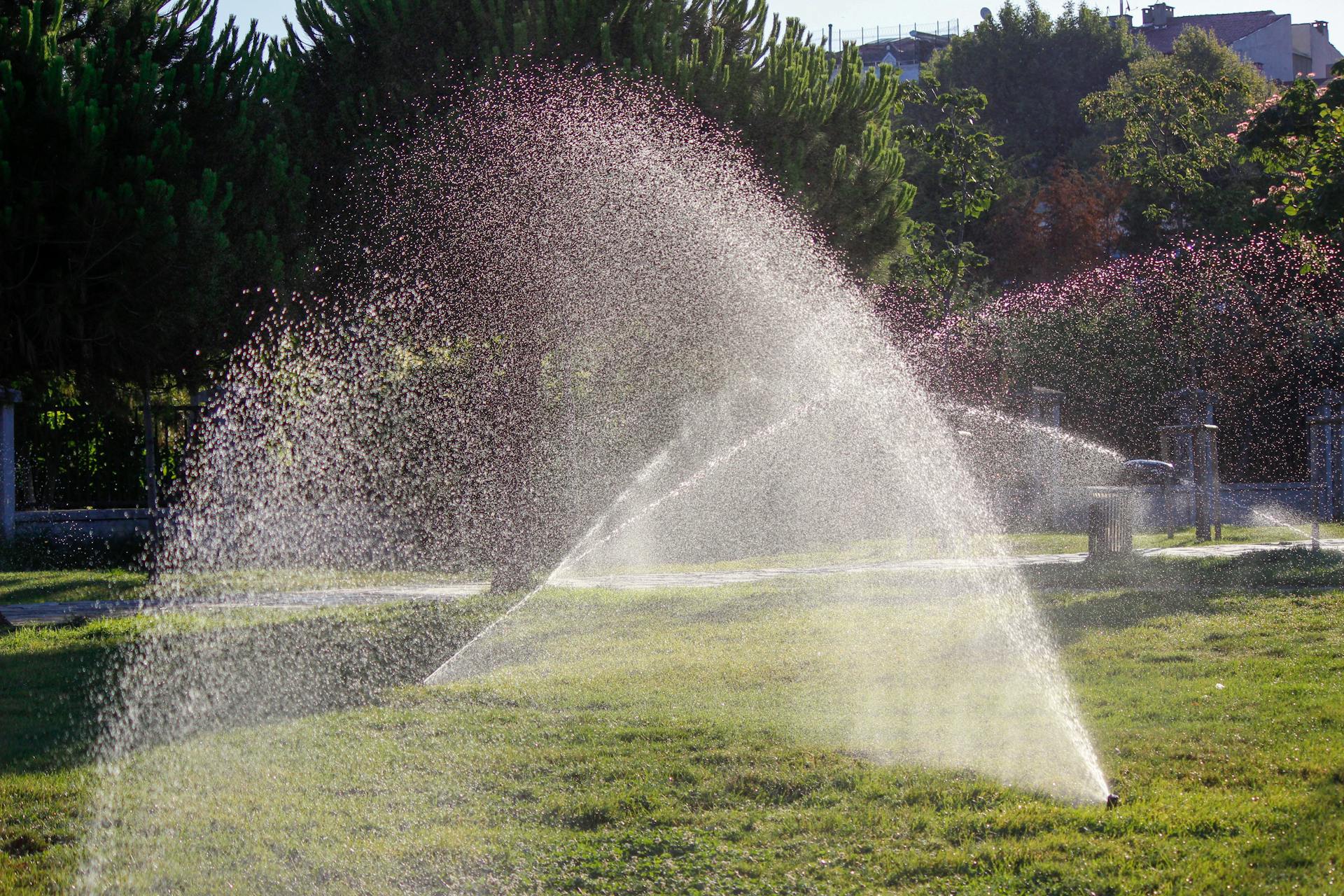 Water sprinkler system spraying lush green grass in a sunny outdoor setting, ideal for lawn care illustrations.